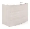 curved reception desk with glass transaction counter