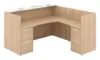 L shaped reception desk with white glass transaction counter