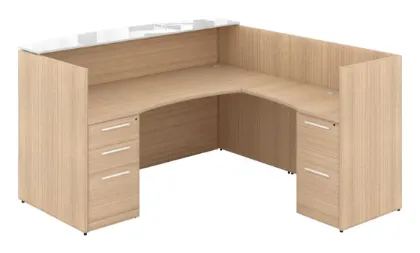 L shaped reception desk with white glass transaction counter