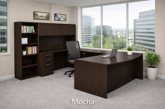 Executive U-Shaped Desk with Hutch, Bookcase Storage and Bow Front Worksurface
