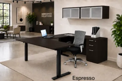 U Shaped Standing Desk with Storage, Credenza, and Electric Height Adjustment