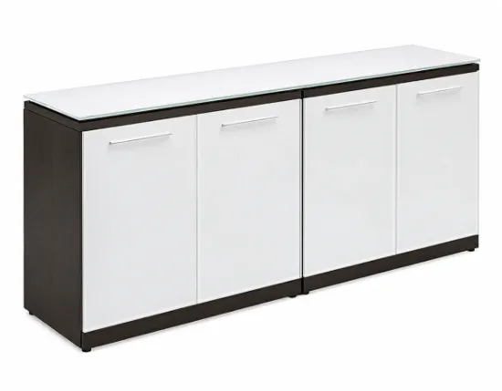 office storage credenza with white glass doors