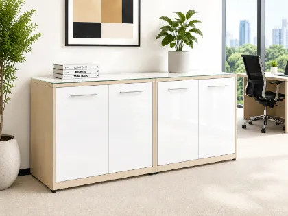 office storage credenza with white glass doors
