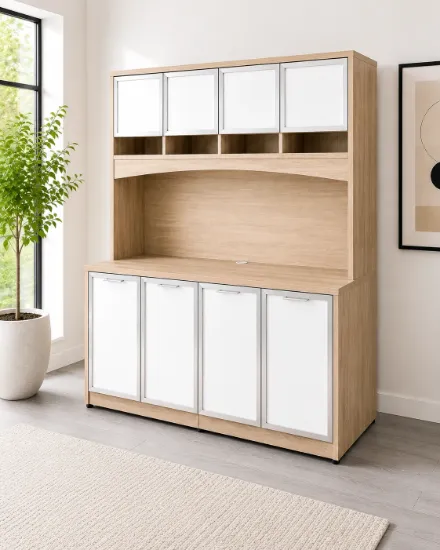 office credenza with hutch and white glass doors
