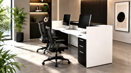 double reception desk with transaction counter