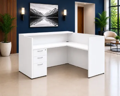 L Shaped Reception Desk with Locking Drawers and Reversible Return