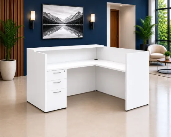 L Shaped Reception Desk with Locking Drawers and Reversible Return