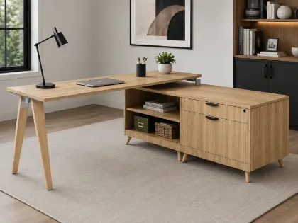 Picture of L Shaped Office Desk with Drawers, File Storage and Wood Legs