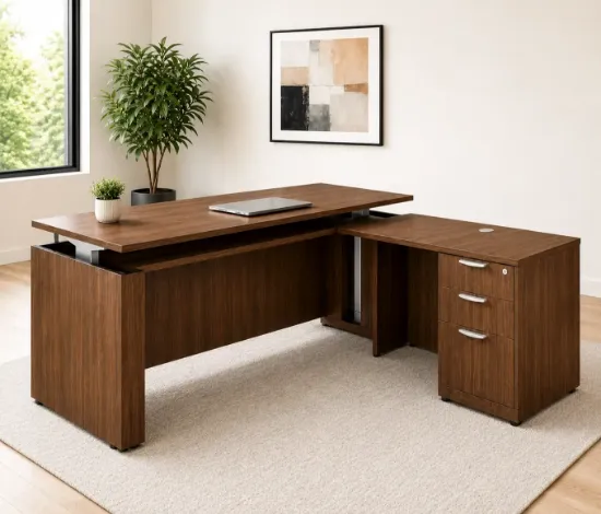 Picture of L Shaped Sit Stand Desk with Drawers and Reversible Return