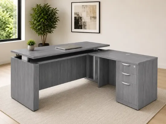 Picture of L Shaped Sit Stand Desk with Drawers and Reversible Return 
