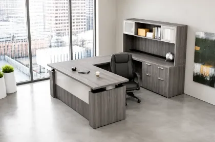 Picture of U Shaped Height Adjustable Desk with Hutch and Drawers