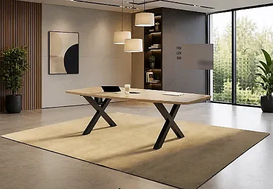 	Boat Shaped Conference Table with Metal X Base, Cable Management and Power Options