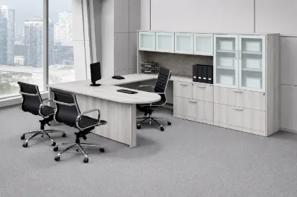	U shaped executive peninsula desk with hutch and storage cabinet
