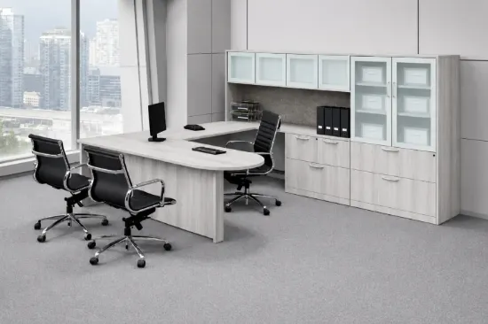 	U shaped executive peninsula desk with hutch and storage cabinet