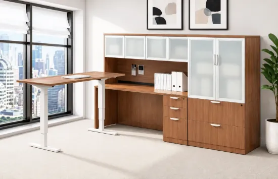 	Adjustable Height L-Shaped Desk with Storage and Sit Stand Return