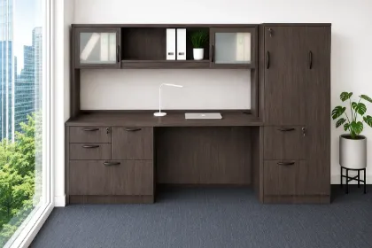 Executive Credenza Desk with Hutch, Wardrobe Storage and Workspace Organizer