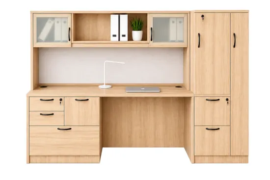 Executive Credenza Desk with Hutch, Wardrobe Storage and Workspace Organizer