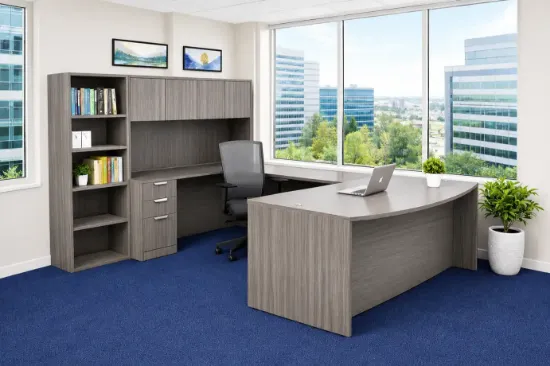 executive U shaped desk with hutch and bookcase