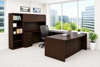 Executive U-Shaped Desk with Hutch, Bookcase Storage and Bow Front Worksurface