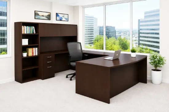 Executive U-Shaped Desk with Hutch, Bookcase Storage and Bow Front Worksurface