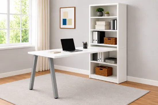 desk and bookcase combo with open storage and adjustable shelves