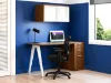 Modern walnut home office desk with drawers and wall cabinet for small spaces