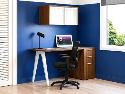 Modern walnut home office desk with drawers and wall cabinet for small spaces