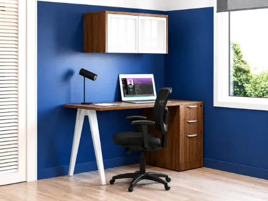 Modern walnut home office desk with drawers and wall cabinet for small spaces