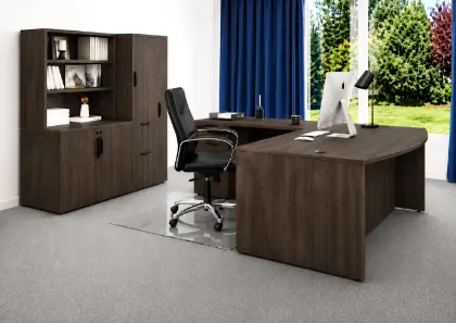 	Bow Front L-Shaped Executive Desk with Hutch, Storage Cabinet & Wardrobe