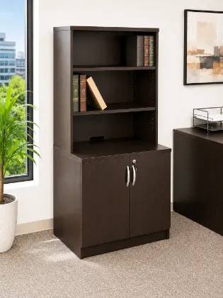 Office storage cabinet with hutch and locking doors