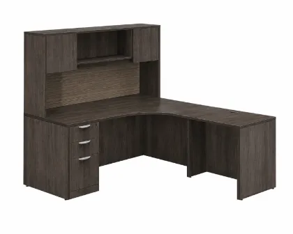 	L shaped desk with hutch and drawers