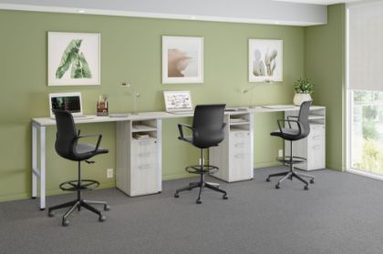 Picture of 3 Person Standing Height Workstation with Drawers, Shelves and Privacy Panels