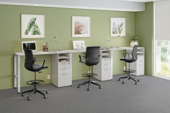 Picture of 3 Person Standing Height Workstation with Drawers, Shelves and Privacy Panels