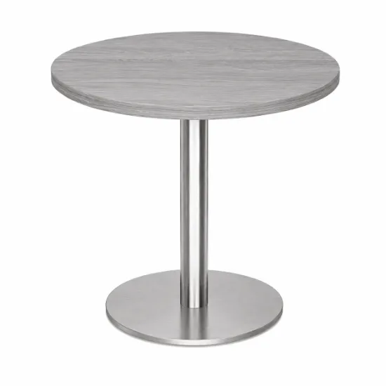Modern round cafe table with brushed metal base