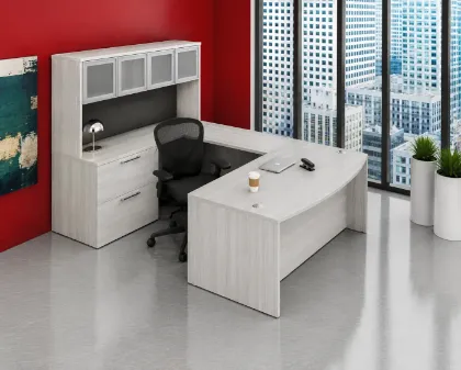 	Bow Front U-Shaped Executive Desk with Hutch, Drawers and Storage