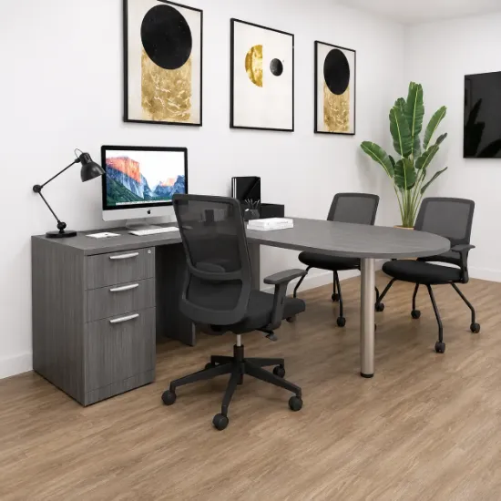 Bullet L-shaped office desk with locking pedestal