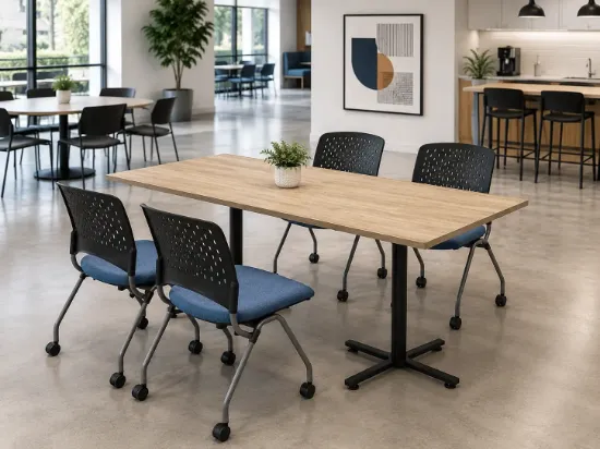 Rectangular cafeteria table with laminate top and black metal X-base