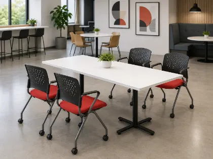 Rectangular cafeteria table with laminate top and black metal X-base