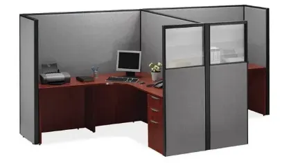 2 person office workstation with fabric privacy panels
