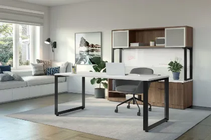 6 foot straight desk with storage credenza, frosted glass hutch, filing drawers, commercial laminate surfaces, and black metal beveled legs