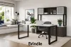 6 foot straight desk with storage credenza, frosted glass hutch, filing drawers, commercial laminate surfaces, and black metal beveled legs