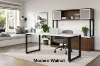 6 foot straight desk with storage credenza, frosted glass hutch, filing drawers, commercial laminate surfaces, and black metal beveled legs