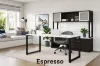 6 foot straight desk with storage credenza, frosted glass hutch, filing drawers, commercial laminate surfaces, and black metal beveled legs