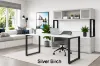 6 foot straight desk with storage credenza, frosted glass hutch, filing drawers, commercial laminate surfaces, and black metal beveled legs
