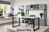 6 foot straight desk with storage credenza, frosted glass hutch, filing drawers, commercial laminate surfaces, and black metal beveled legs