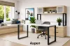 	6 foot straight desk with storage credenza, frosted glass hutch, filing drawers, commercial laminate surfaces, and black metal beveled legs