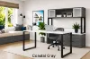 	6 foot straight desk with storage credenza, frosted glass hutch, filing drawers, commercial laminate surfaces, and black metal beveled legs