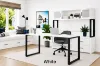 	6 foot straight desk with storage credenza, frosted glass hutch, filing drawers, commercial laminate surfaces, and black metal beveled legs