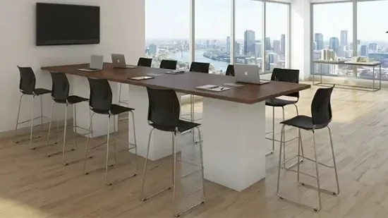 Cafe height conference table with white cube bases, laminate top, and wire management grommets