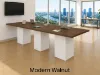 Cafe height conference table with white cube bases, laminate top, and wire management grommets